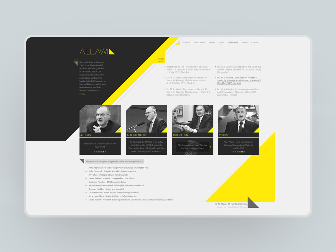 طراحی گرافیک وب، طراحی رابط کاربری و تجربی وب سایت شخصی علی علاوی، معاون رئیس جمهور عراق